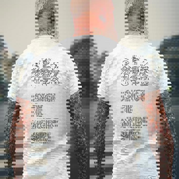 縄文・古来の精神。Tomodachi 土偶 遮光器土偶 ハート形土偶 仮面の女神 宇宙人 はにわ シュール シンプル メンズTシャツ バックプリント 高齢者への贈り物