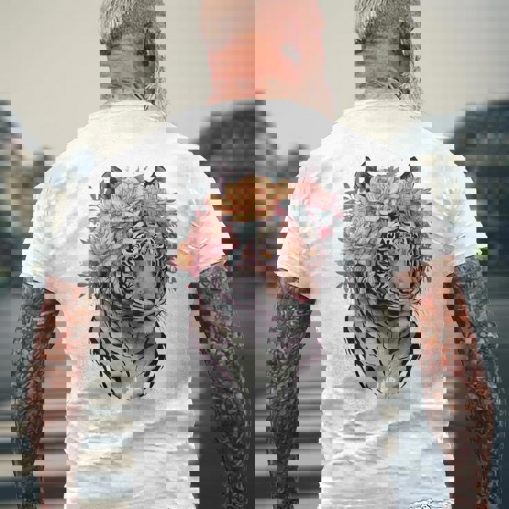 花柄 水彩 虎 花 王冠 虎好き メンズTシャツ バックプリント 高齢者への贈り物