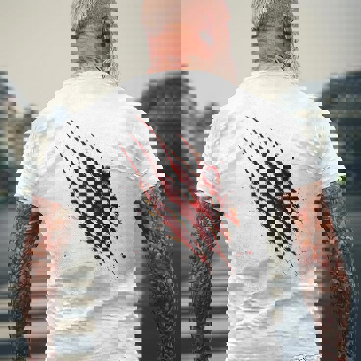 血まみれのシャツ ハロウィン ゾンビ 爪 マーク 血のはね メンズTシャツ バックプリント 高齢者への贈り物