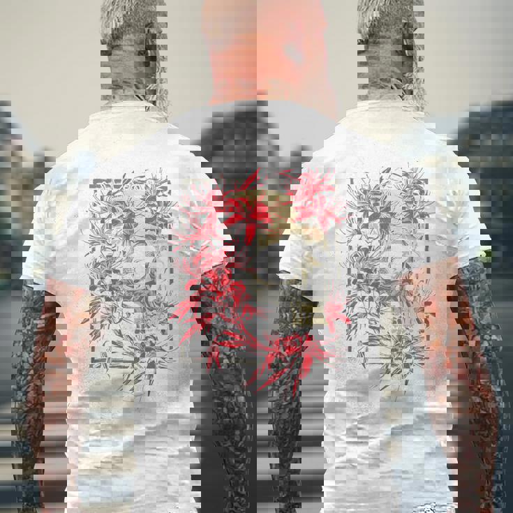 赤いクモのユリの花 日本の頭蓋骨 オタクのバックプリント メンズTシャツ バックプリント 高齢者への贈り物