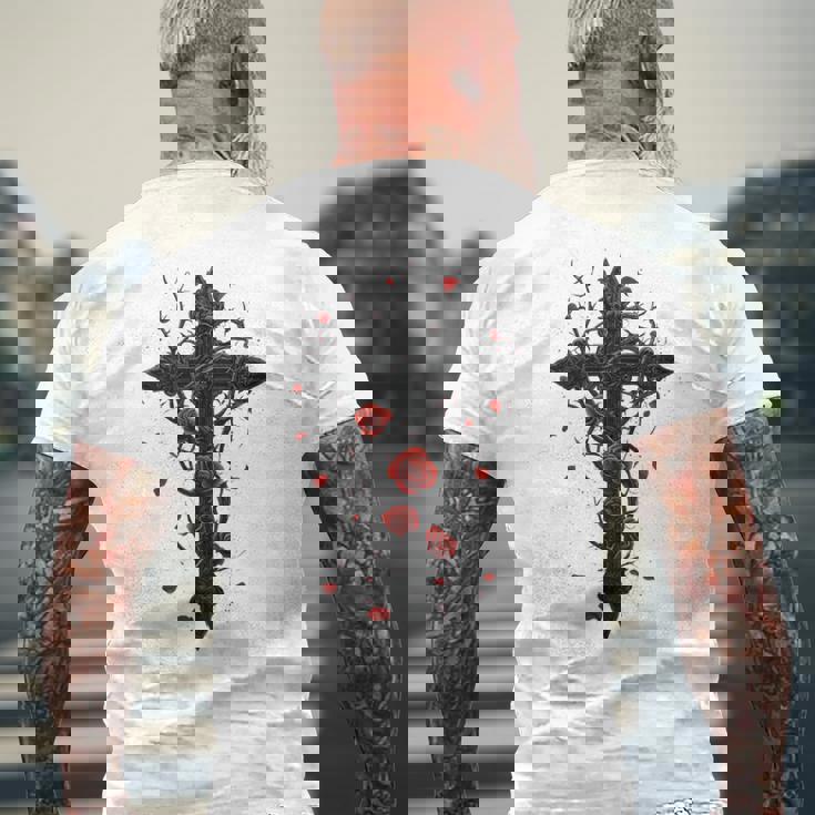 赤いバラのゴシック・クロス 長袖tシャツ メンズTシャツ バックプリント 高齢者への贈り物