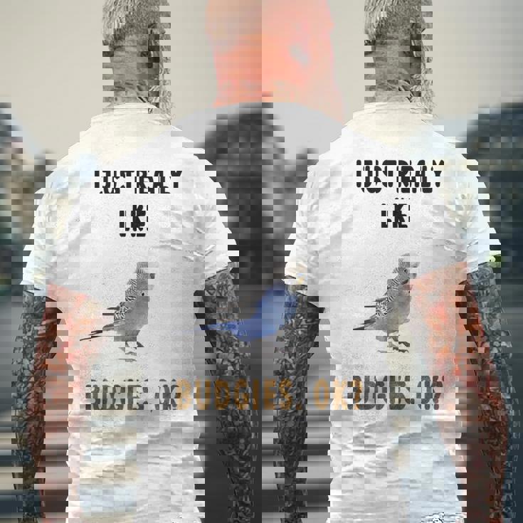 青いセキセイインコ、面白いことわざ、楽しい、セキセイインコ メンズTシャツ バックプリント 高齢者への贈り物