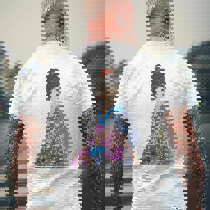 青い着物を着た美しい芸者 日本画 鳥居 言人 帯 美人画 新版画 日本画 長袖tシャツ メンズTシャツ バックプリント 高齢者への贈り物