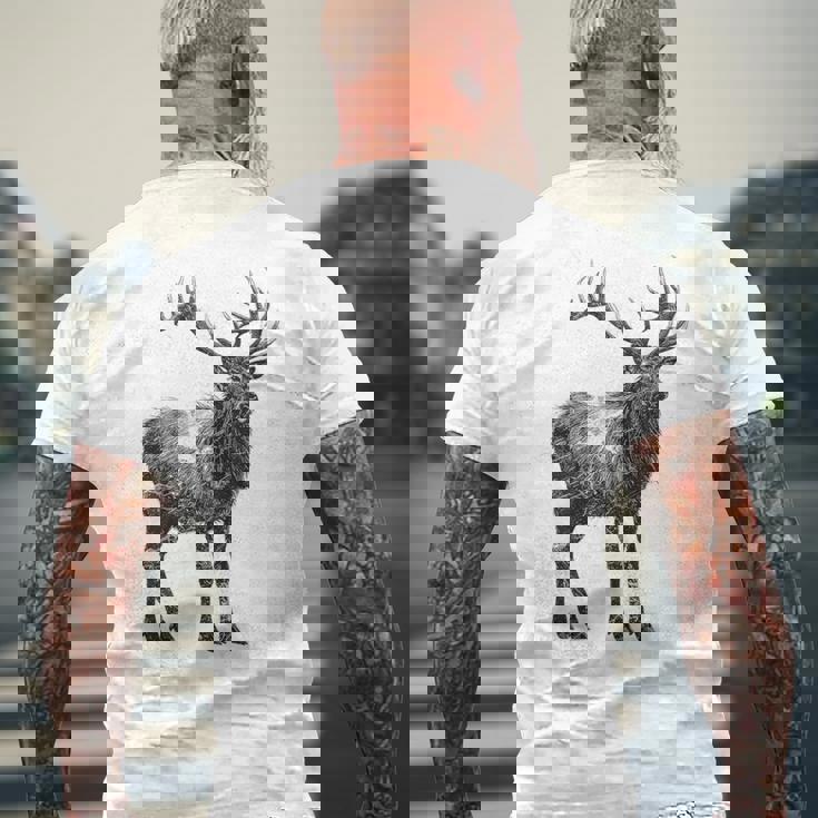 鹿 動物 プリント モチーフ 図面 イラスト ポートレート 鹿 メンズTシャツ バックプリント 高齢者への贈り物