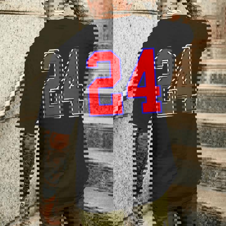 24番の大学スポーツスタイル。レッド、ブルー、ホワイト。 メンズTシャツ バックプリント 彼への贈り物