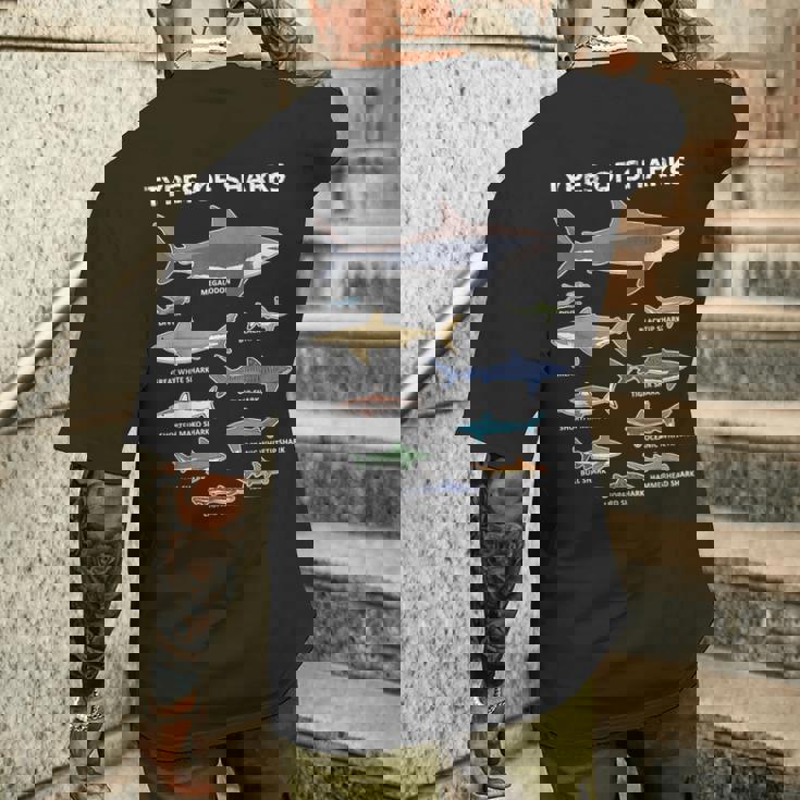 9種類のサメ教育カラフルな海英語 メンズTシャツ バックプリント 彼への贈り物