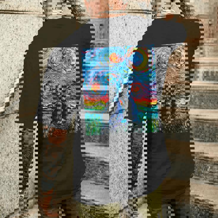 Aja 星月夜に2匹の黒猫 カラフルアート メンズTシャツ バックプリント 彼への贈り物