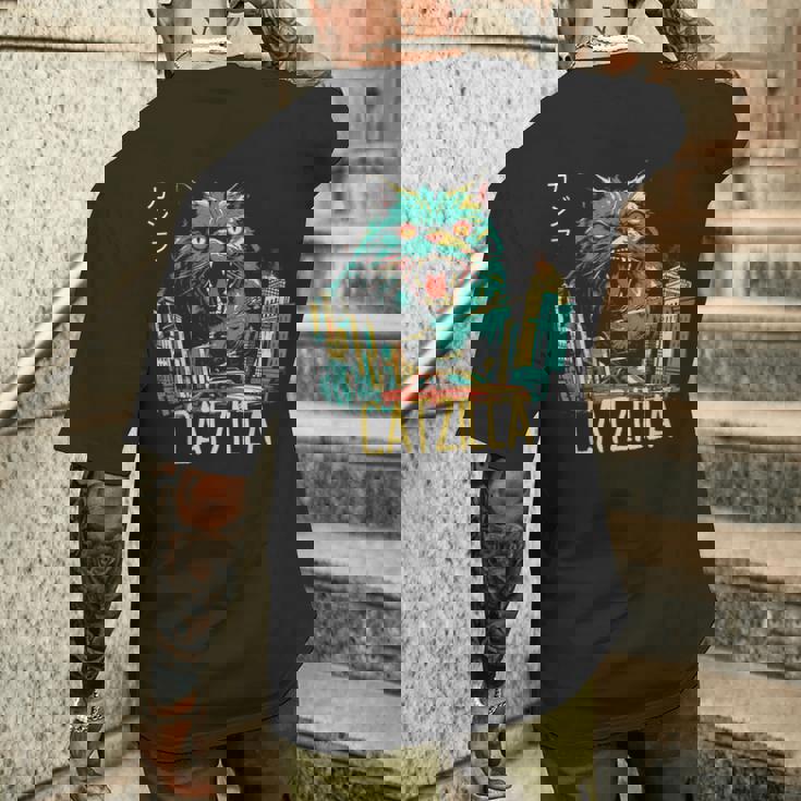 Catzilla ビンテージ 面白い かわいい 猫 アート メンズTシャツ バックプリント 彼への贈り物