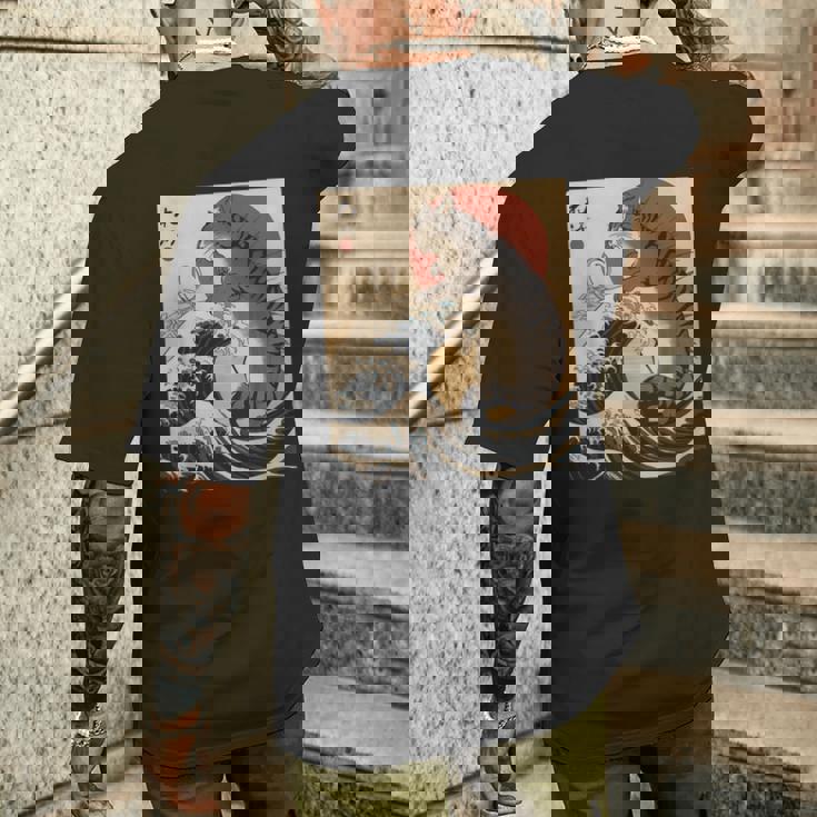 Catzilla 日本の波 ヴィンテージ 夕日 面白い 猫 アート メンズTシャツ バックプリント 彼への贈り物