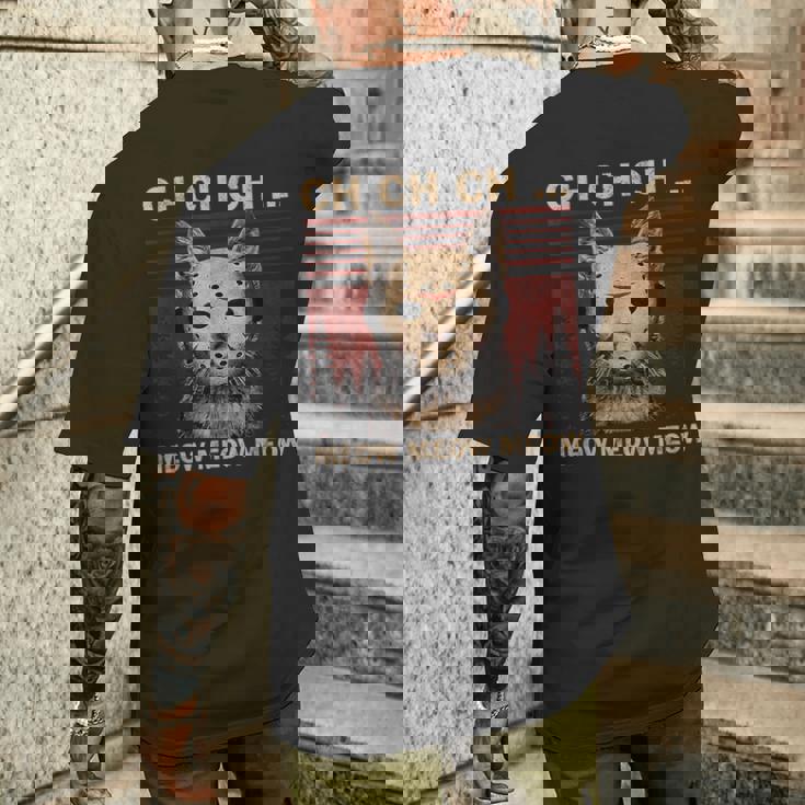 Ch Ch Chニャー ニャー 怖いフライデー ファニー ハロウィン メンズTシャツ バックプリント 彼への贈り物