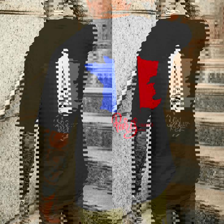 Enjoy Travel Paris France Flag & Eiffel Tower Graphic メンズTシャツ バックプリント 彼への贈り物