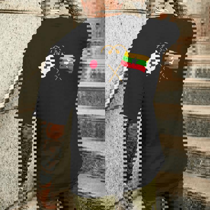 Japanese Flag Myanmar Flag ミャンマー遺産 ミャンマーのルーツ 日本の国旗 ミャンマーの国旗 メンズTシャツ バックプリント 彼への贈り物