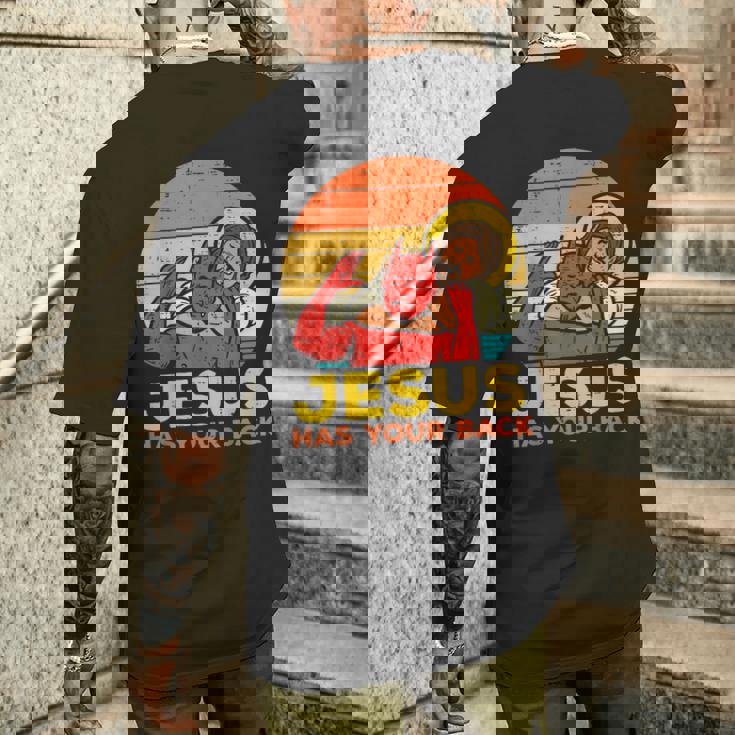 Jesus Has Your Back 柔術 レトロ クリスチャン メンズTシャツ バックプリント 彼への贈り物