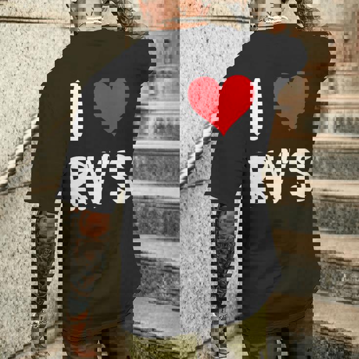 I Love Rv のレクリエーションビークル キャンプ キャンピングカー 旅行 旅行 メンズTシャツ バックプリント 彼への贈り物