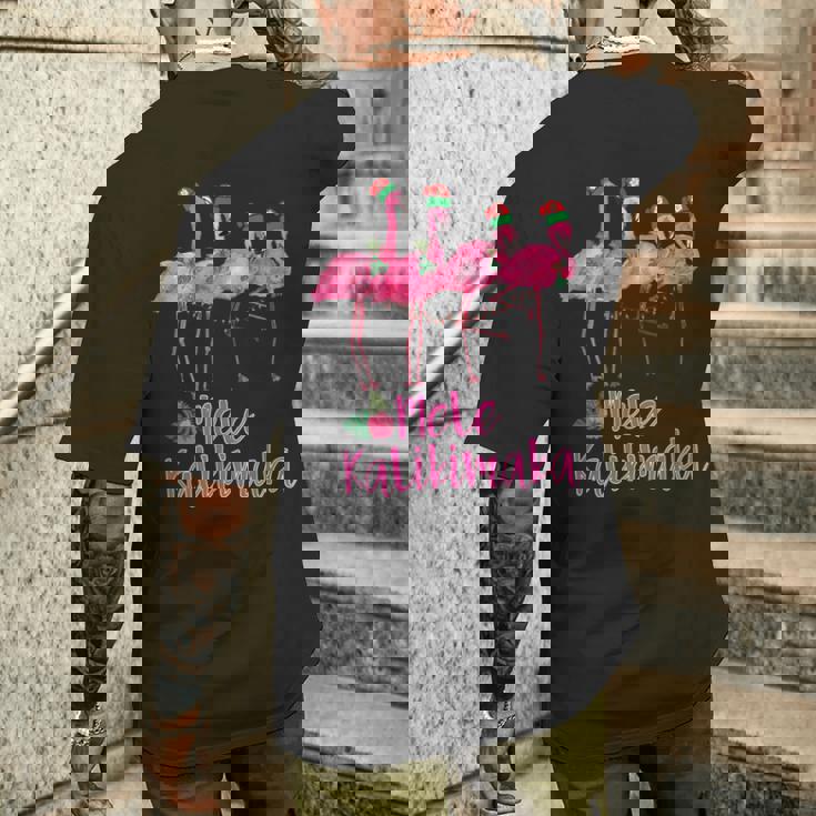 Mele Kalikimaka フラミンゴ ハワイ トロピカルファミリー メンズTシャツ バックプリント 彼への贈り物