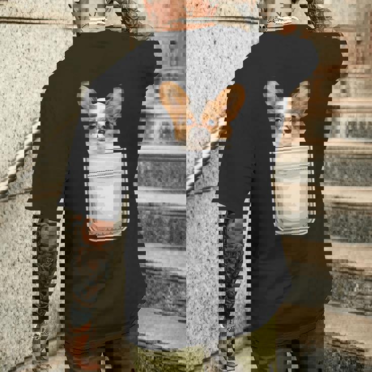 Papillon パピヨン 子犬 ポケットの中の犬 メンズTシャツ バックプリント 彼への贈り物