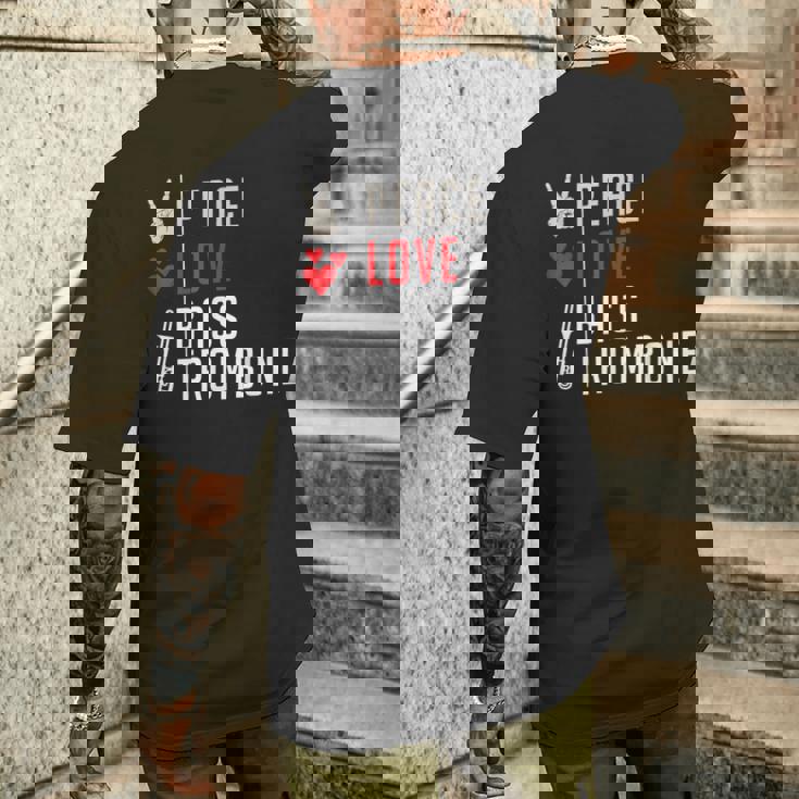 Peace Love Bass トロンボーン楽器 バス トロンボーン奏者 メンズTシャツ バックプリント 彼への贈り物