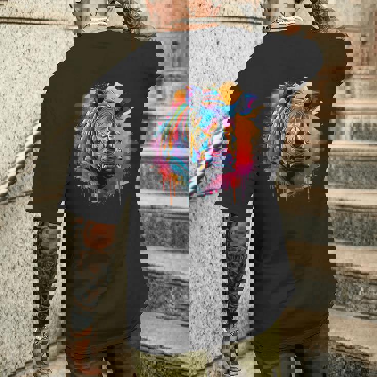 Rhinoceros アートワーク ポートレート 動物 アート カラフル スプラッシュ サイ メンズTシャツ バックプリント 彼への贈り物