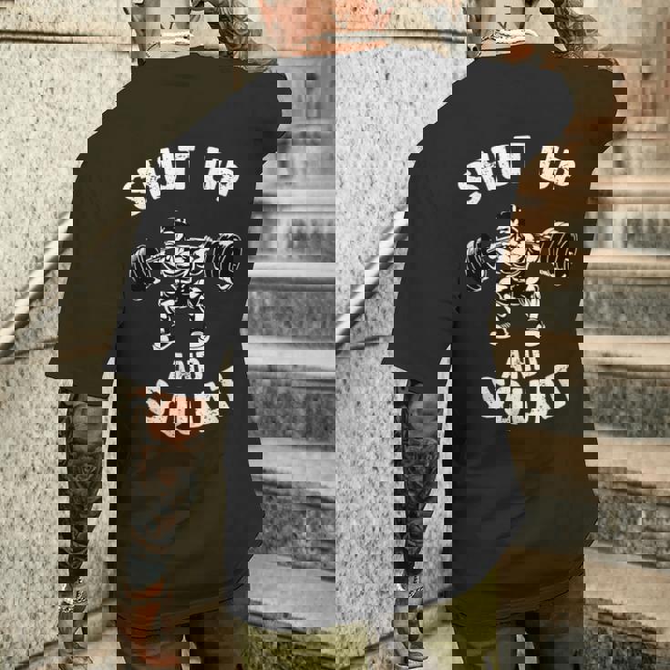 Shut Up Andquat スローガン ボディビルダー ベンチプレス メンズTシャツ バックプリント 彼への贈り物