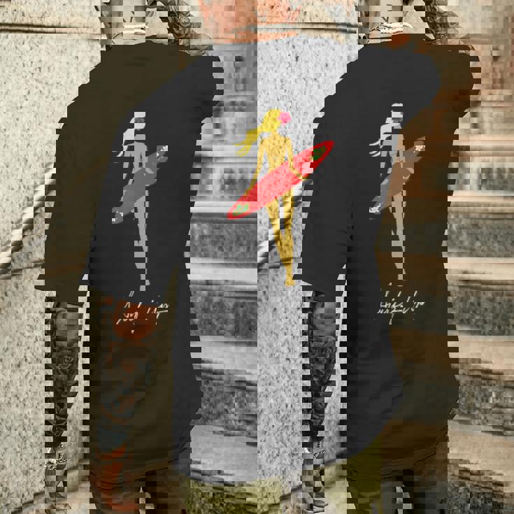 Surfs Up トロピカルブロンドサーファーガール メンズTシャツ バックプリント 彼への贈り物