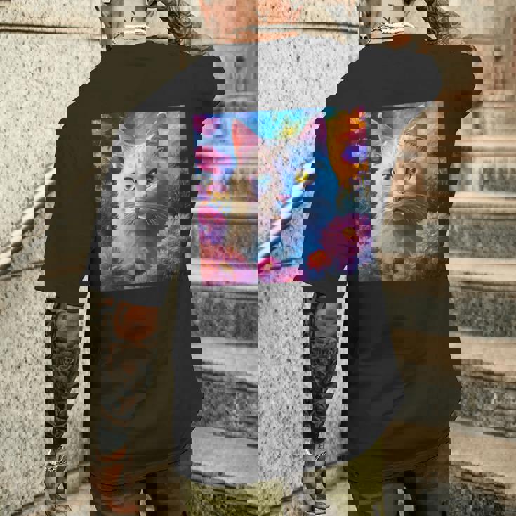 「お花畑のルディ猫」 油絵風ファンタジーアート 綺麗 かわいい オッドアイ リアル メンズTシャツ バックプリント 彼への贈り物