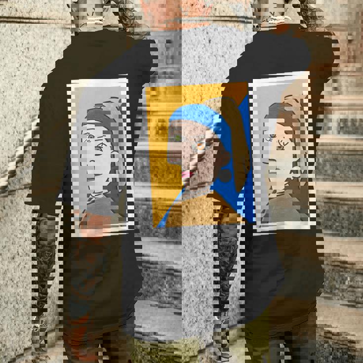 【ピカソ風】真珠の耳飾りの少女／フェルメール（パロディ）【世界の名画】面白い 美術館アート メンズTシャツ バックプリント 彼への贈り物