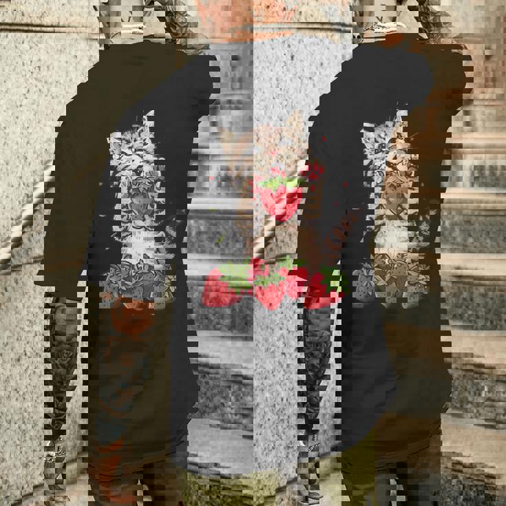 いちご 猫 いちご フルーツ ネコ アニマル プリント 図面 メンズTシャツ バックプリント 彼への贈り物