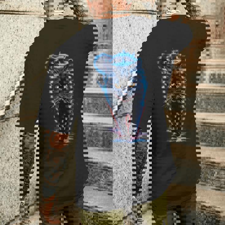 おもしろ猫 稲妻 黒猫 メンズTシャツ バックプリント 彼への贈り物