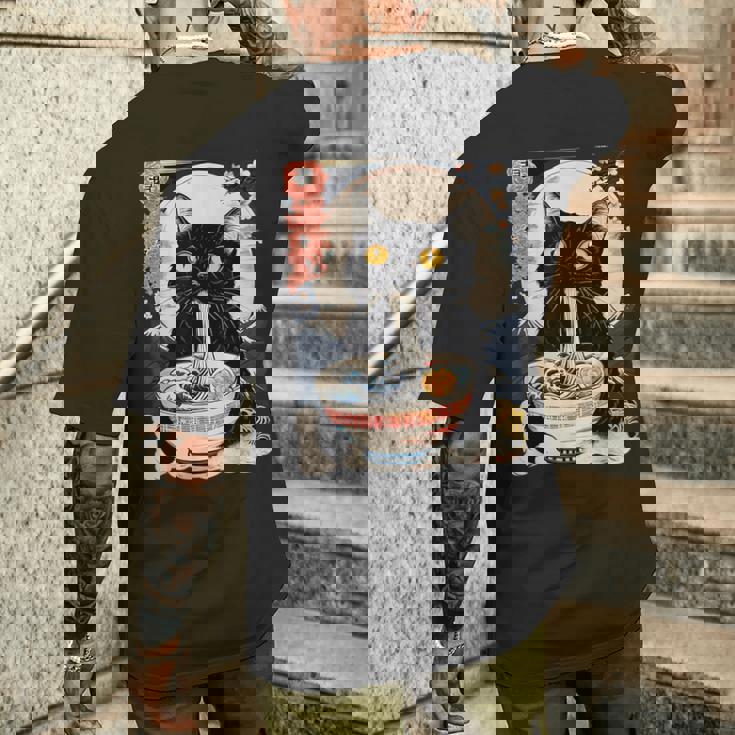 かわいい 猫 食べる ラーメン 麺 面白い アニメ メンズTシャツ バックプリント 彼への贈り物