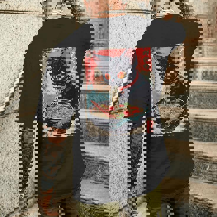 かわいい 黒猫 ラブ ラーメン カワイイ ねこ アニメ 日本語 メンズTシャツ バックプリント 彼への贈り物