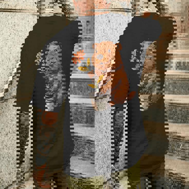 かわいいコスチューム愛好家のための鉢植えのハッピービーバー メンズTシャツ バックプリント 彼への贈り物