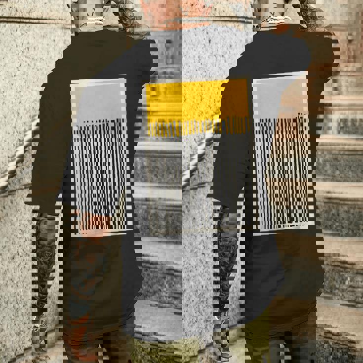 かわいいボーホーシックミニマリスト イエローベージュ ブラックラインストライプ メンズTシャツ バックプリント 彼への贈り物