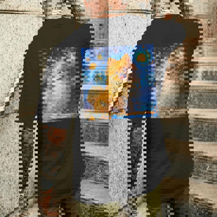 かわいいポメラニアン犬 星月夜 ヴィンセント・ヴァン・ゴッホ絵画 メンズTシャツ バックプリント 彼への贈り物