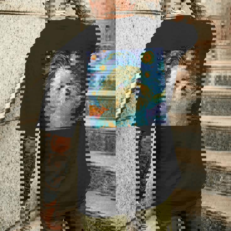 かわいいマルチーズドッグ 星月夜 ヴィンセント・ヴァン・ゴッホ絵画 メンズTシャツ バックプリント 彼への贈り物