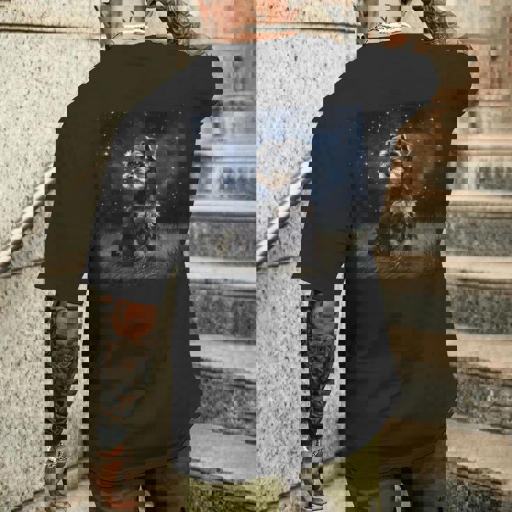 かわいいミニチュアシュナウザーの星空の犬 夜の絵画 メンズTシャツ バックプリント 彼への贈り物