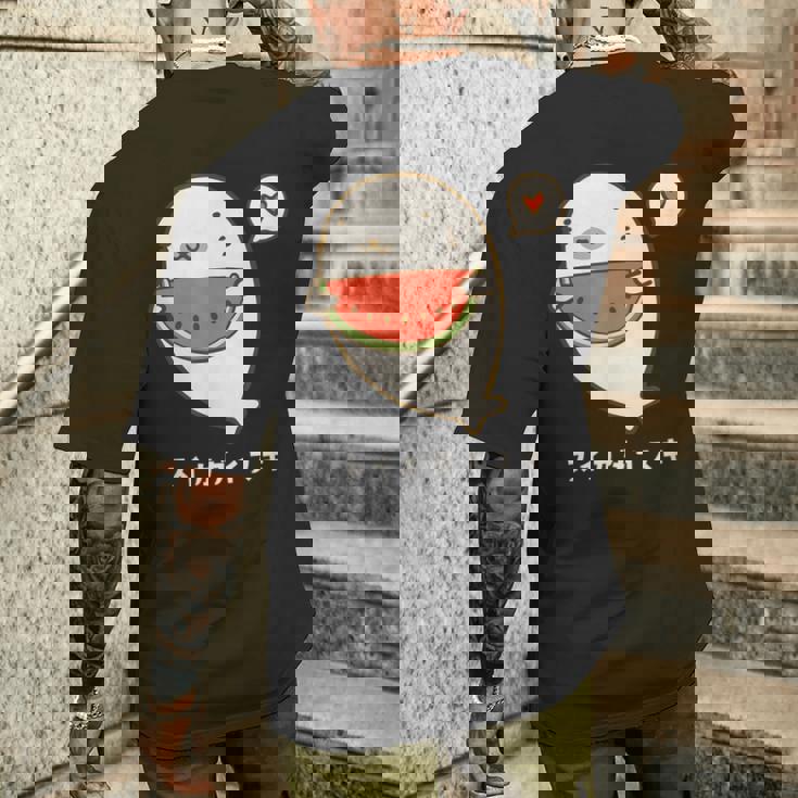 アザラシ 海豹 すいか スイカ大好き アザラシ かわいい イラスト アザラシ好き スイカ イラスト 手書き メンズTシャツ バックプリント 彼への贈り物