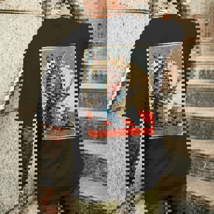 アニメ 日本の侍猫 エレキギターを弾くアートワーク メンズTシャツ バックプリント 彼への贈り物