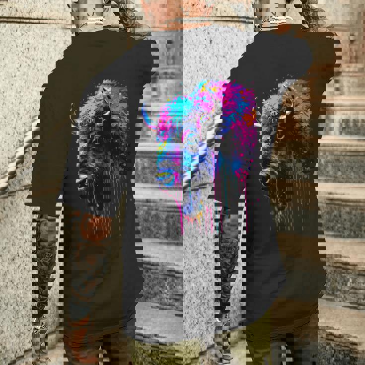 アメリカンバイソンカラーポップアート 美しいアメリカンバイソン愛好家 メンズTシャツ バックプリント 彼への贈り物