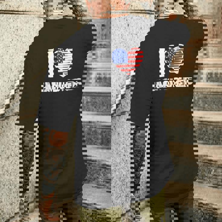 アメリカ国旗とハートのアイ・ラブ・ハンバーガー メンズTシャツ バックプリント 彼への贈り物