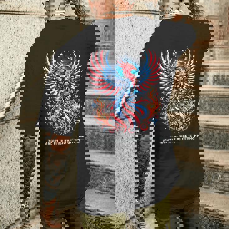 アメリカ神話 伝説のクリーチャー アメリカンフェニックス 自由の鳥 復活 火の鳥 メンズTシャツ バックプリント 彼への贈り物