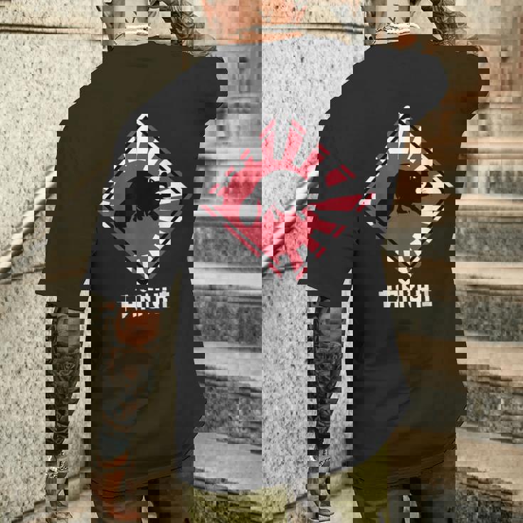 アライグマ犬 たぬき交差 日本ライジングサンフラッグ メンズTシャツ バックプリント 彼への贈り物