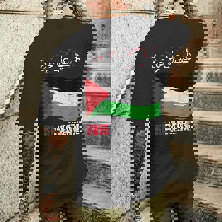 アラビア語でパレスチナ国旗 パレスチナ人とパレスチナ人向け メンズTシャツ バックプリント 彼への贈り物