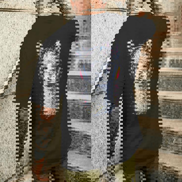 アルパカ アニマル モチーフ 音楽 ヘッドホン イラスト アルパカ メンズTシャツ バックプリント 彼への贈り物