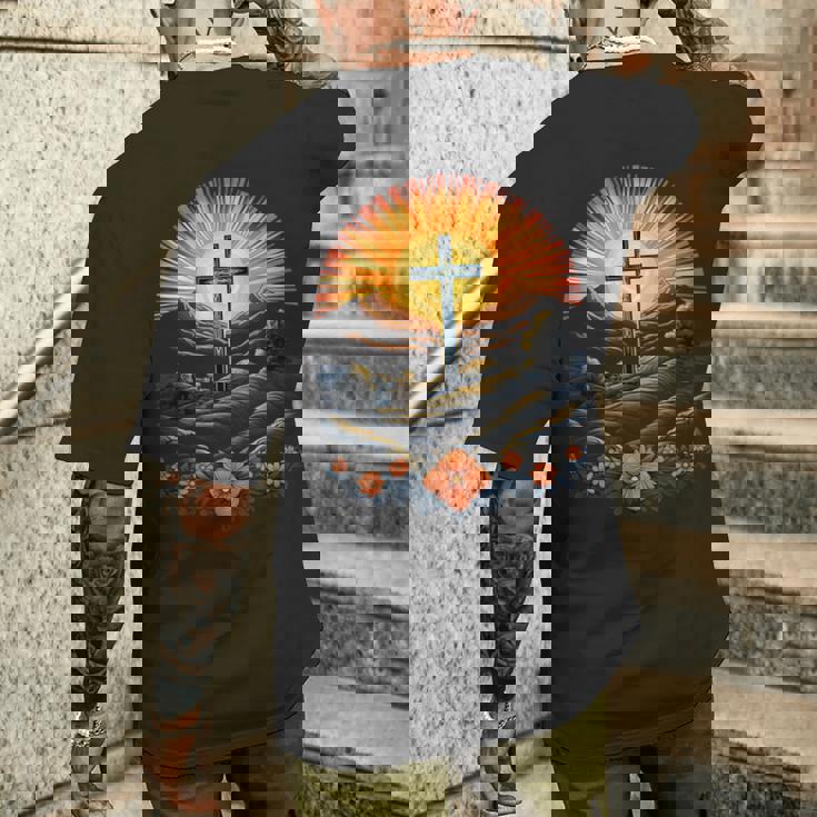 イースターデー クロスフラワー サンセット クリスチャン イースター メンズTシャツ バックプリント 彼への贈り物