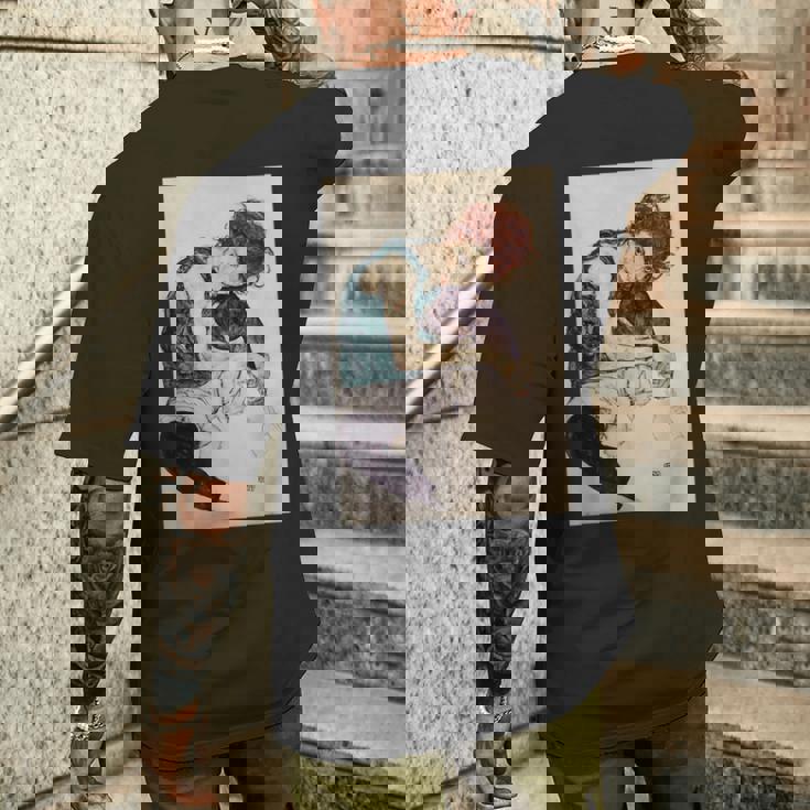 エゴン・シーレ作「膝を曲げた座る女」1917 メンズTシャツ バックプリント 彼への贈り物