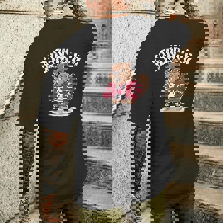 エルボーズ アップ ホッケー ビーバー カナダ人 誇り高き北 強くて自由 メンズTシャツ バックプリント 彼への贈り物