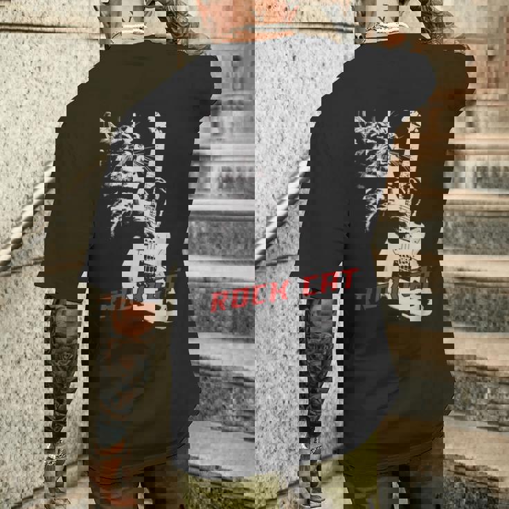 エレキギターを弾くロックキャット 面白い猫ニャーパロディショー メンズTシャツ バックプリント 彼への贈り物