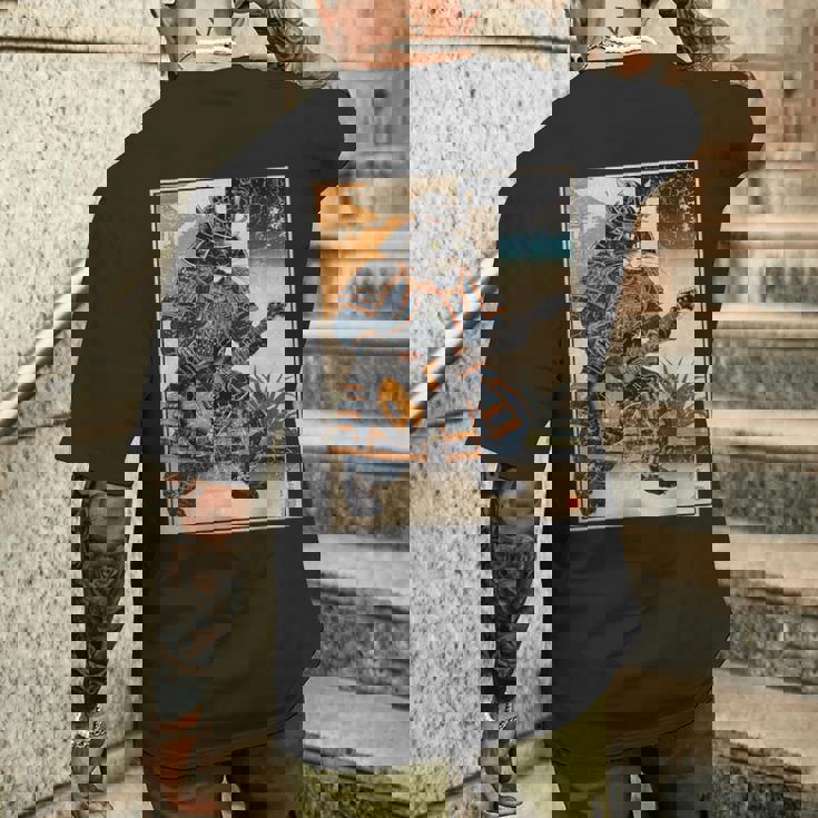 エレキギターを弾く日本の侍猫 浮世墨アート メンズTシャツ バックプリント 彼への贈り物