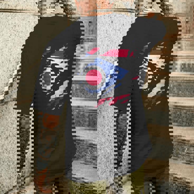 オハイオ州オハイオ州立大学 破れ加工 オハイオ州旗 メンズTシャツ バックプリント 彼への贈り物