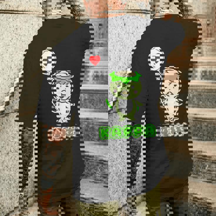 カッパくん『ハート』河童【どうぶつフレンズ】妖怪 ゆるくて かわいい キャラクター イラスト メンズTシャツ バックプリント 彼への贈り物